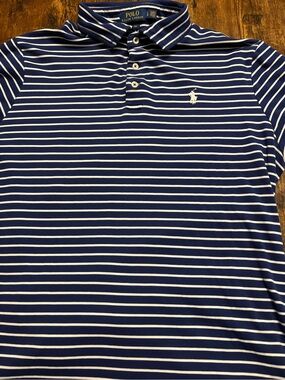 Men’s Polo Ralph Lauren Navy Blue & White Nautical Striped Polo - Size L